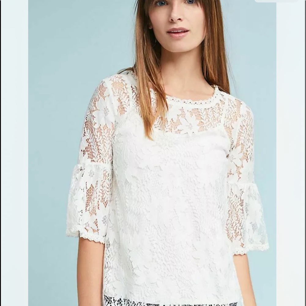 Anthropologie Blue Tassel Daisy Lace Bell Sleeve Blouse Large